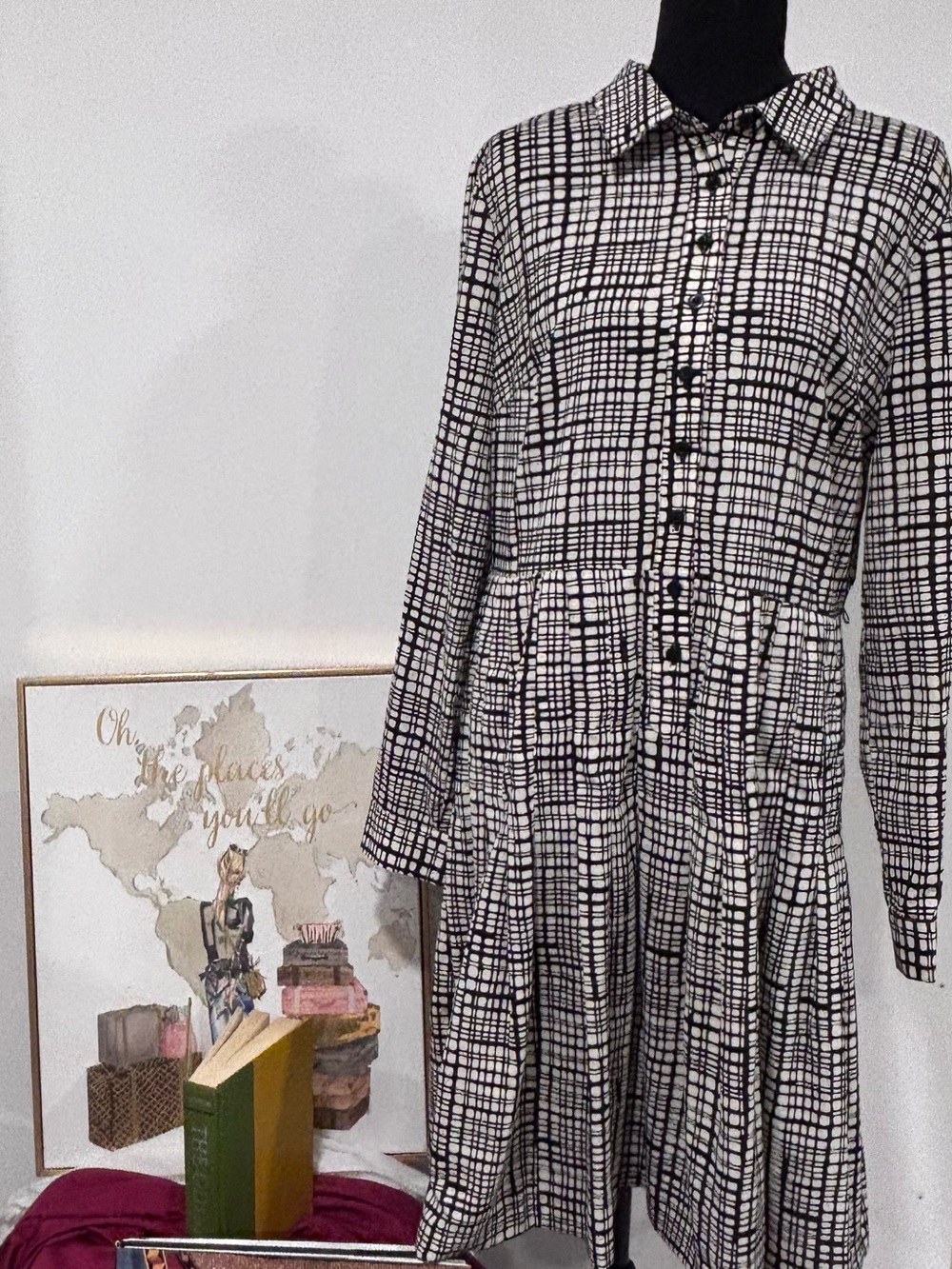 Calvin Klein Black and White Grid Long-Sleeve Shirt Dress #work #casual